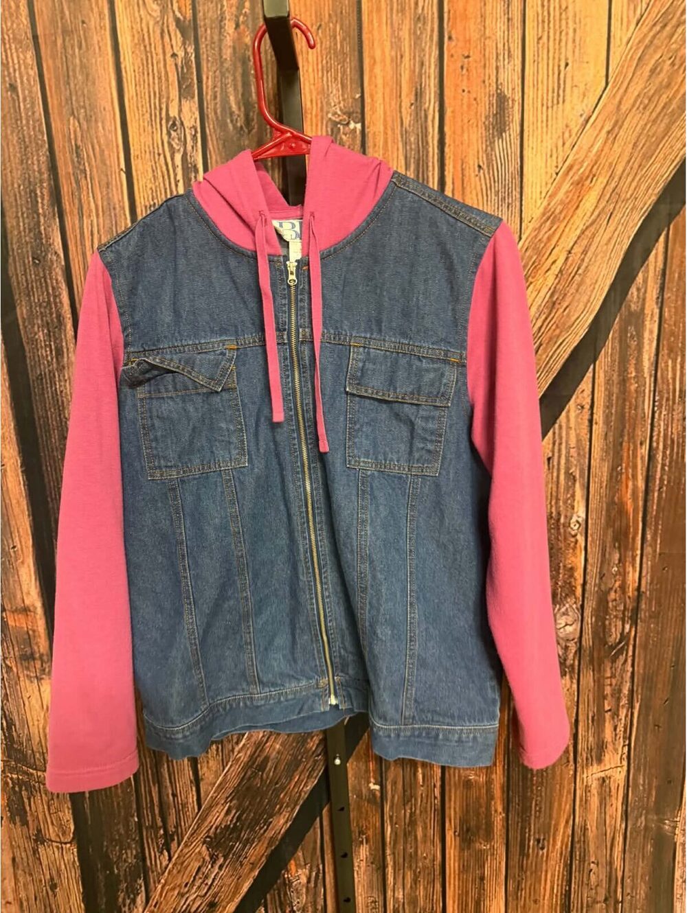 BFA Classic Denim Jacket with Pink Hoodie Sleeves and Hood, Size M